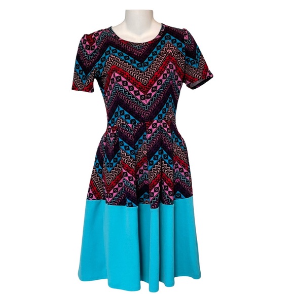 LULAROE Simply Comfortable Amelia Midi Skater Mixed Print Dress w Back Zipper XS - Picture 1 of 16